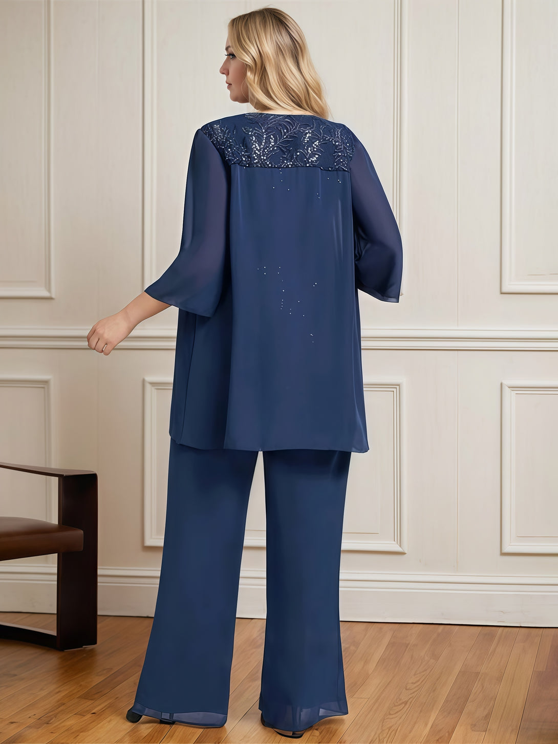 Simple Pantsuits Round Neck 3/4 Sleeve Floor-Length Chiffon Mother of the Bride Dress With Jacket/Sequins BabaMila
