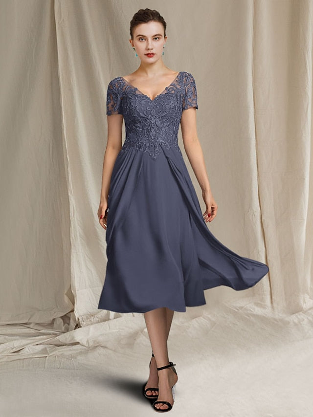 A-Line/Princess V-Neck Tea-Length Mother Of The Bride Dresses BabaMila