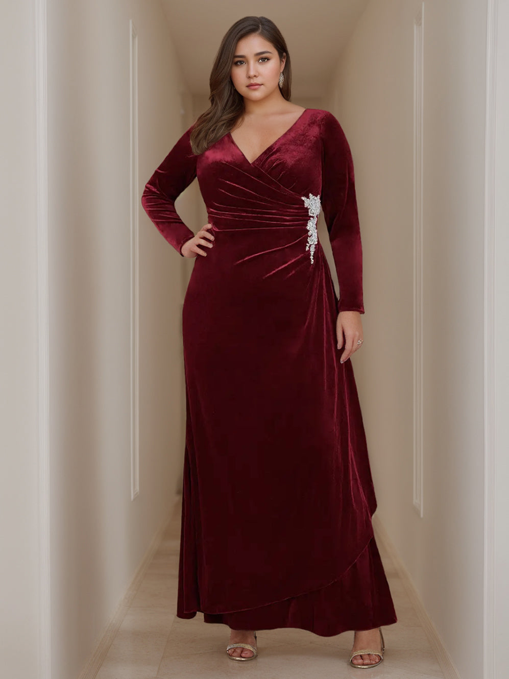 A-Line/Princess V-Neck Long Sleeves Floor-Length Plus Size Velvet Mother Of The Bride Dresses With Ruffles BabaMila