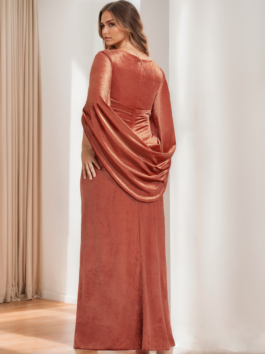 Sheath/Column V-Neck Half Sleeves Floor-Length Velvet Plus Size Mother Of The Bride Dresses With Ruffles BabaMila