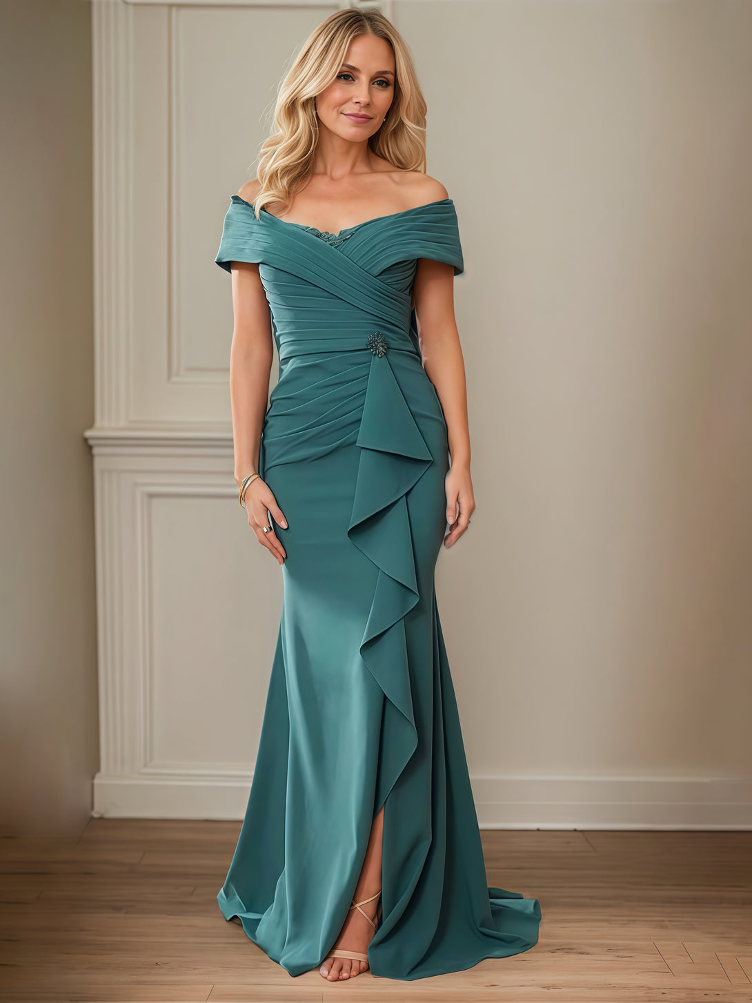 Asymmetrical Mermaid Off-the-Shoulder Sleeveless Floor-Length Satin Mother of the Bride Dress With Pleated/Cascading Ruffles BabaMila