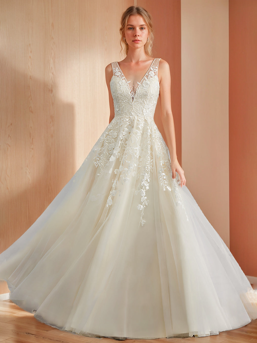A-Line/Princess Deep V-Neck Sleeveless Floor-Length Long Wedding Dress with Appliques BabaMila
