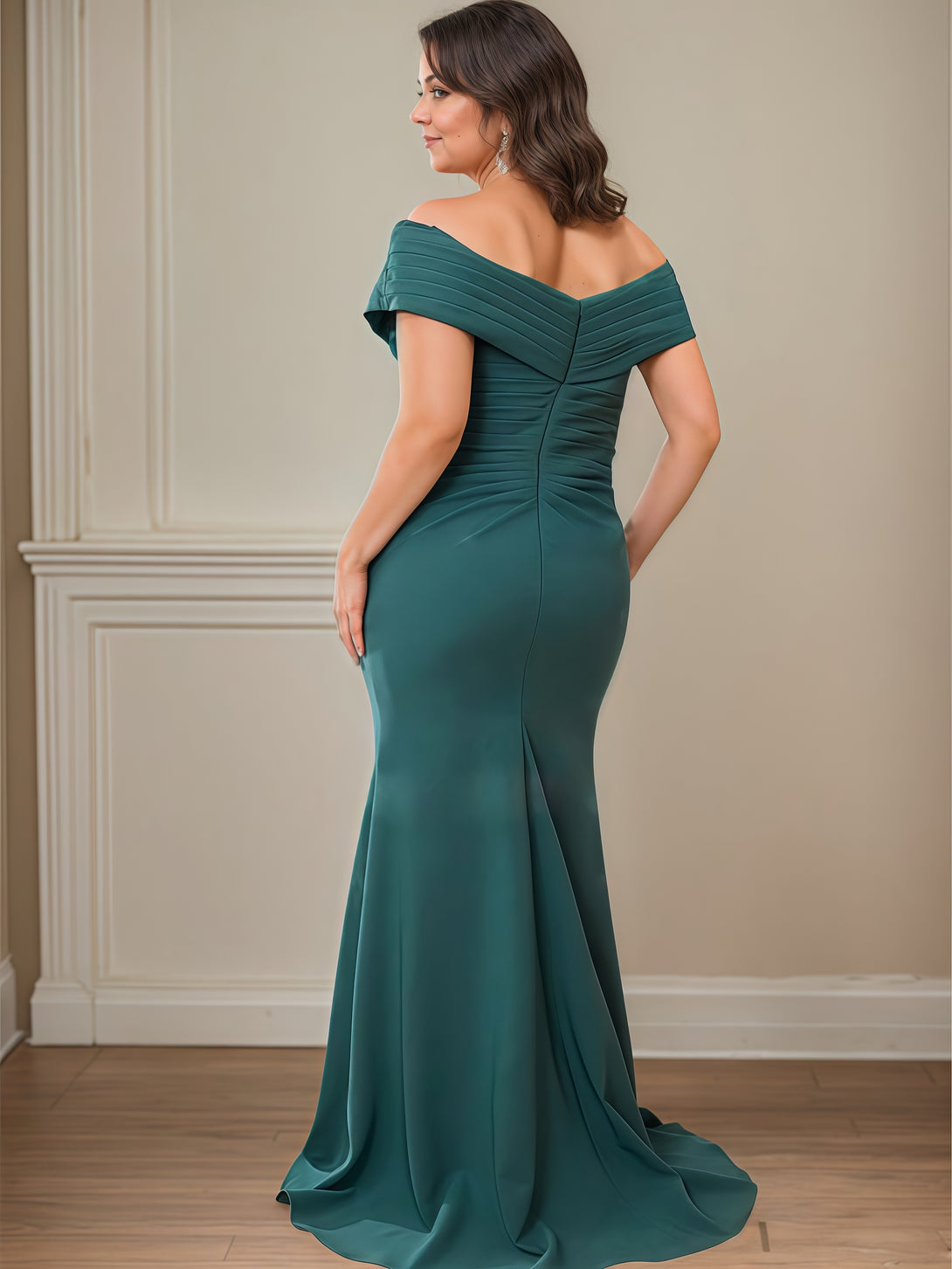 Asymmetrical Mermaid Off-the-Shoulder Sleeveless Floor-Length Satin Mother of the Bride Dress With Pleated/Cascading Ruffles BabaMila
