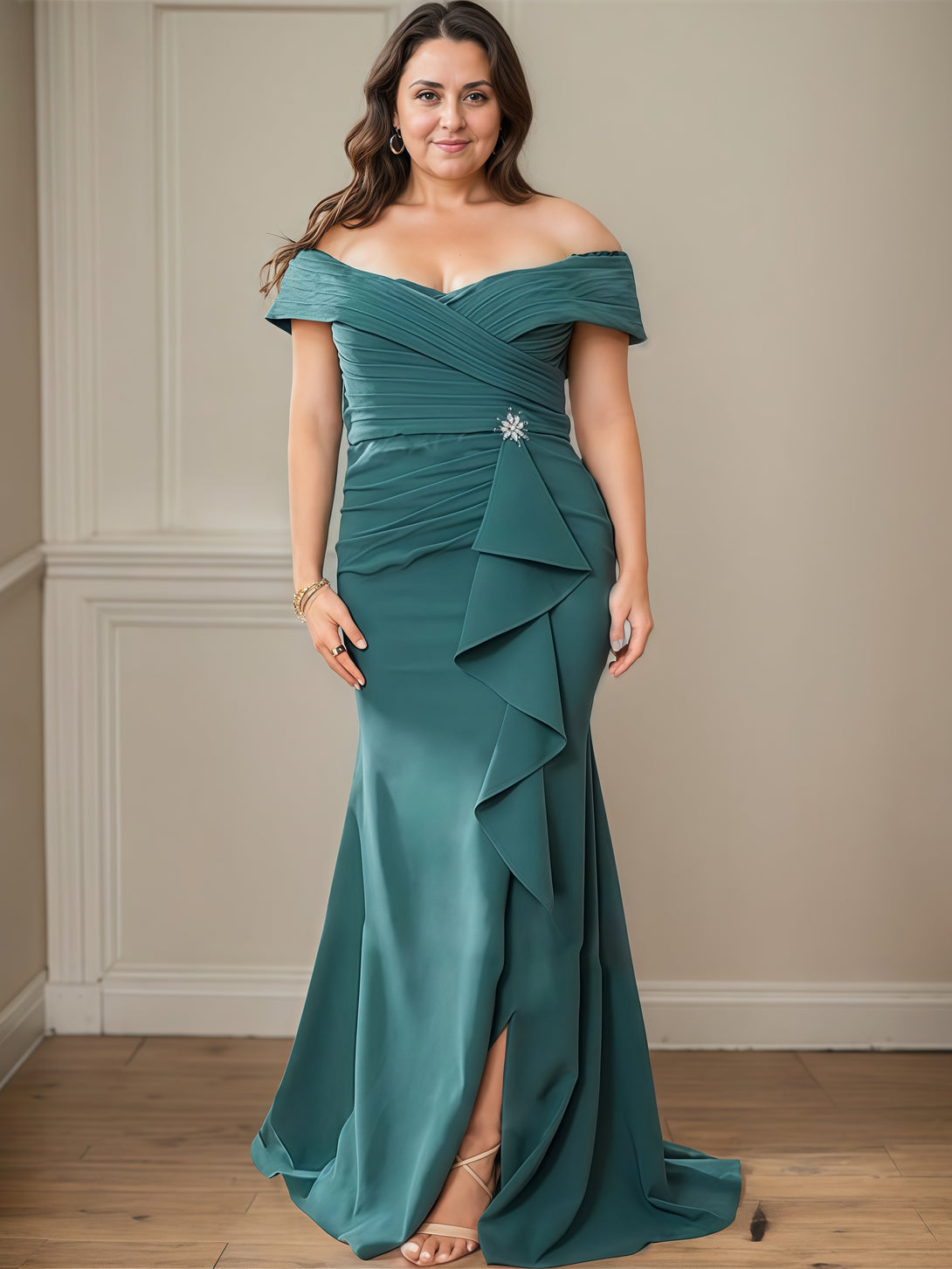 Asymmetrical Mermaid Off-the-Shoulder Sleeveless Floor-Length Satin Mother of the Bride Dress With Pleated/Cascading Ruffles BabaMila