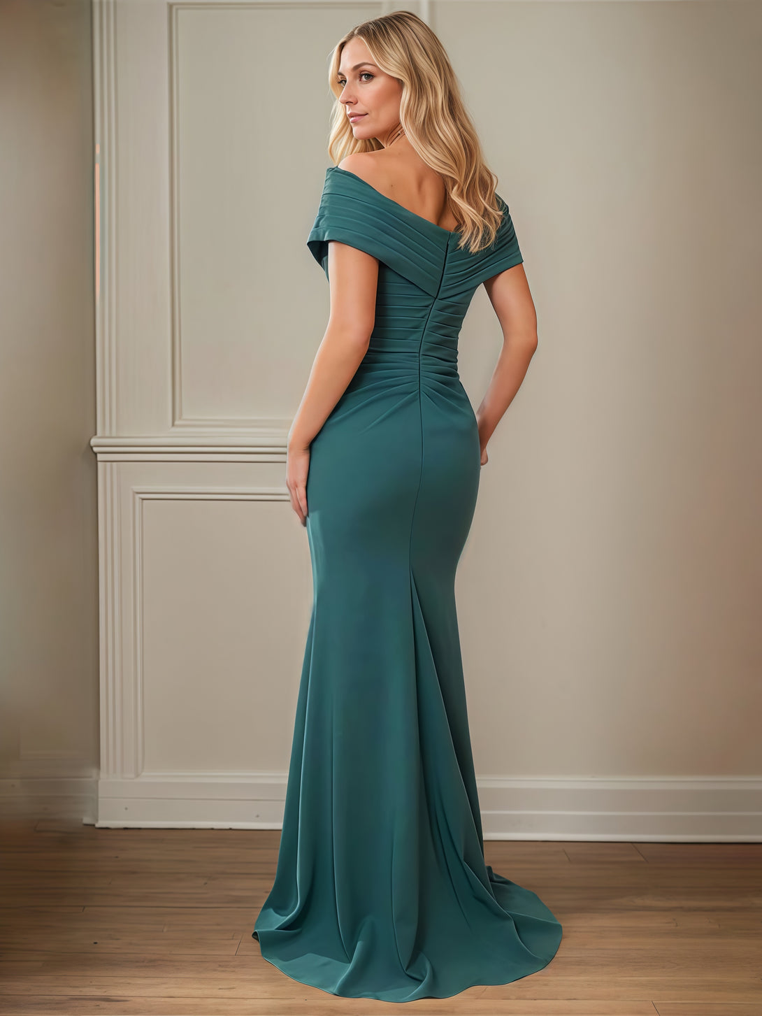 Asymmetrical Mermaid Off-the-Shoulder Sleeveless Floor-Length Satin Mother of the Bride Dress With Pleated/Cascading Ruffles BabaMila