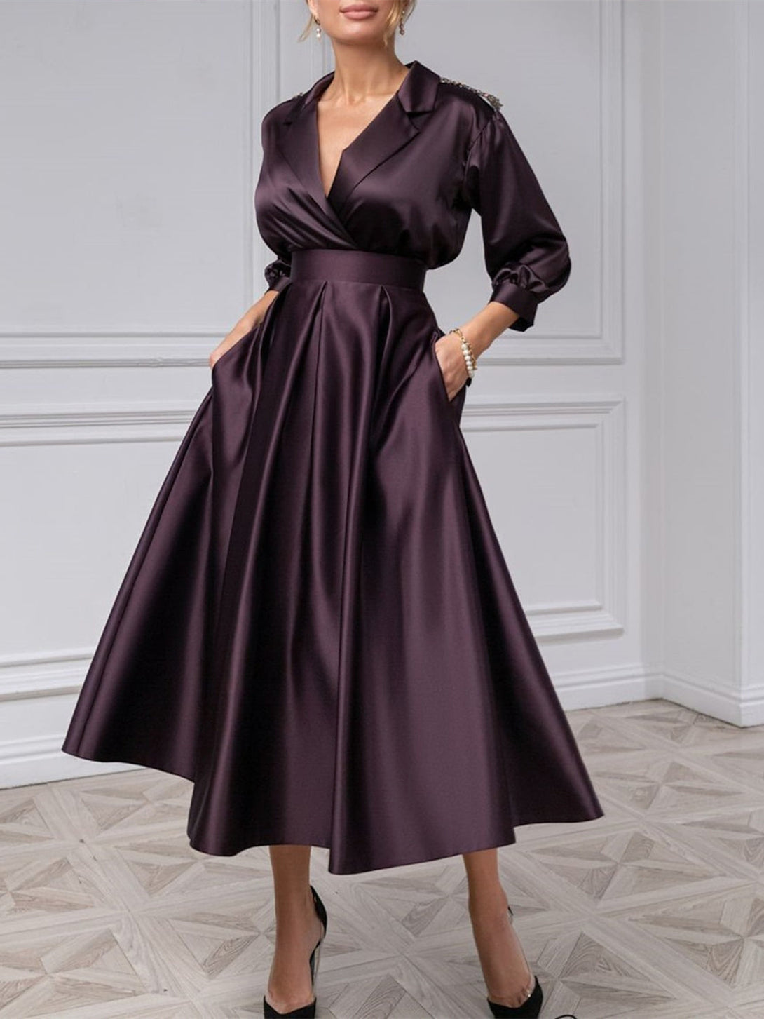 A-Line/Princess One-Shoulder 3/4 Length Sleeves Floor-Length Mother Of The Bride Dresses BabaMila