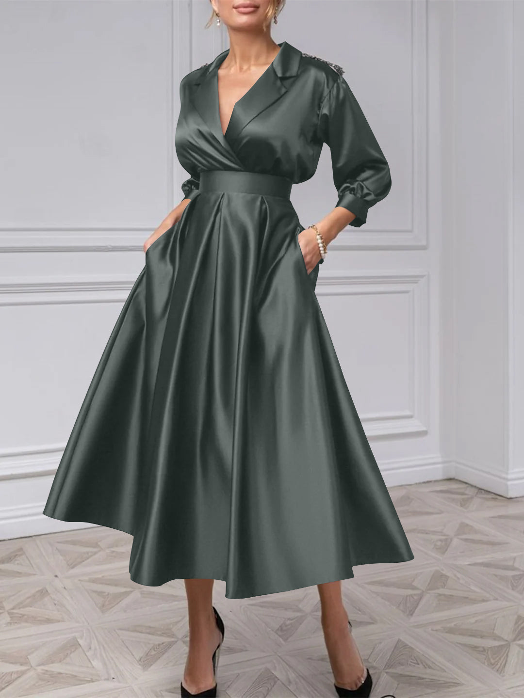 A-Line/Princess One-Shoulder 3/4 Length Sleeves Floor-Length Mother Of The Bride Dresses BabaMila