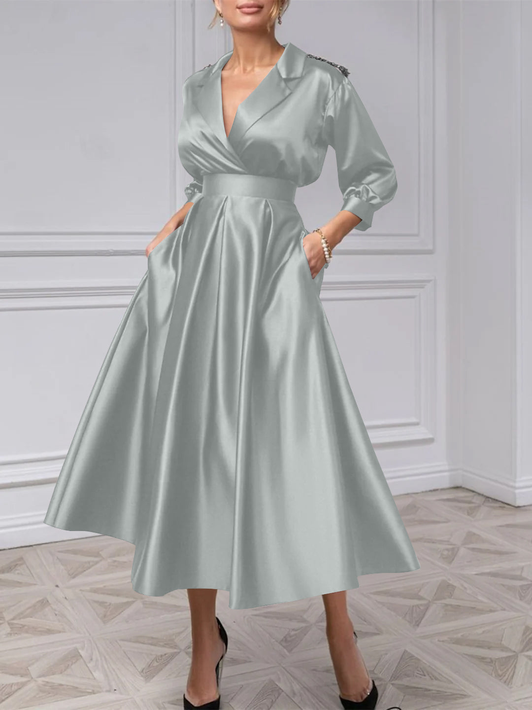 A-Line/Princess One-Shoulder 3/4 Length Sleeves Floor-Length Mother Of The Bride Dresses BabaMila
