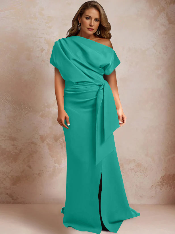Trumpet/Mermaid One-Shoulder Short Sleeves Floor-Length Plus Size Mother Of The Bride Dresses With Ruffles & Split Side BabaMila