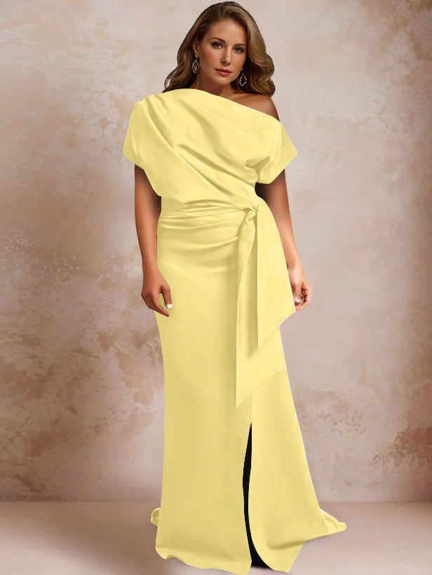 Trumpet/Mermaid One-Shoulder Short Sleeves Floor-Length Plus Size Mother Of The Bride Dresses With Ruffles & Split Side BabaMila