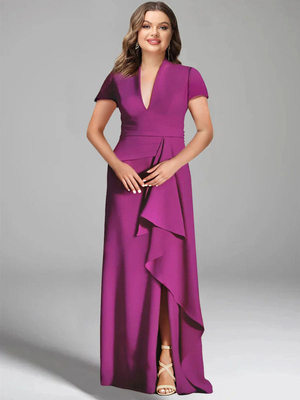 Sheath/Column V-Neck Short Sleeves Floor-Length Plus Size Mother Of The Bride Dresses With Split Side BabaMila