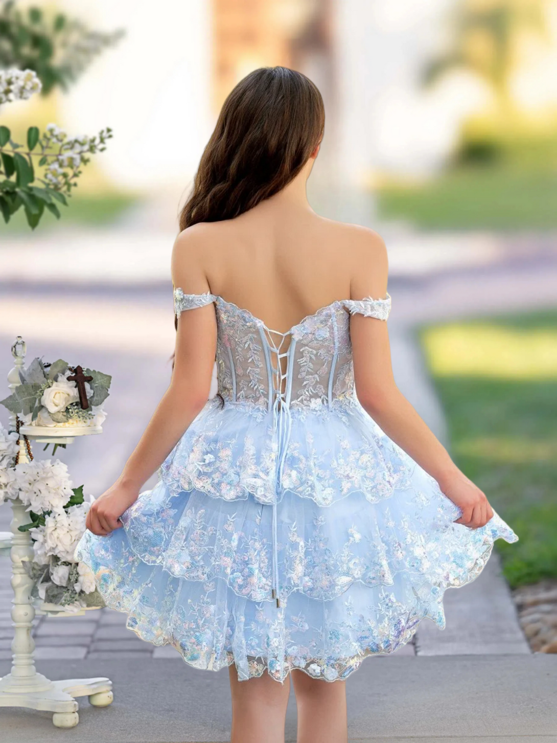 A-Line Sweetheart Tiered Sky Blue Short Homecoming Dress BabaMila