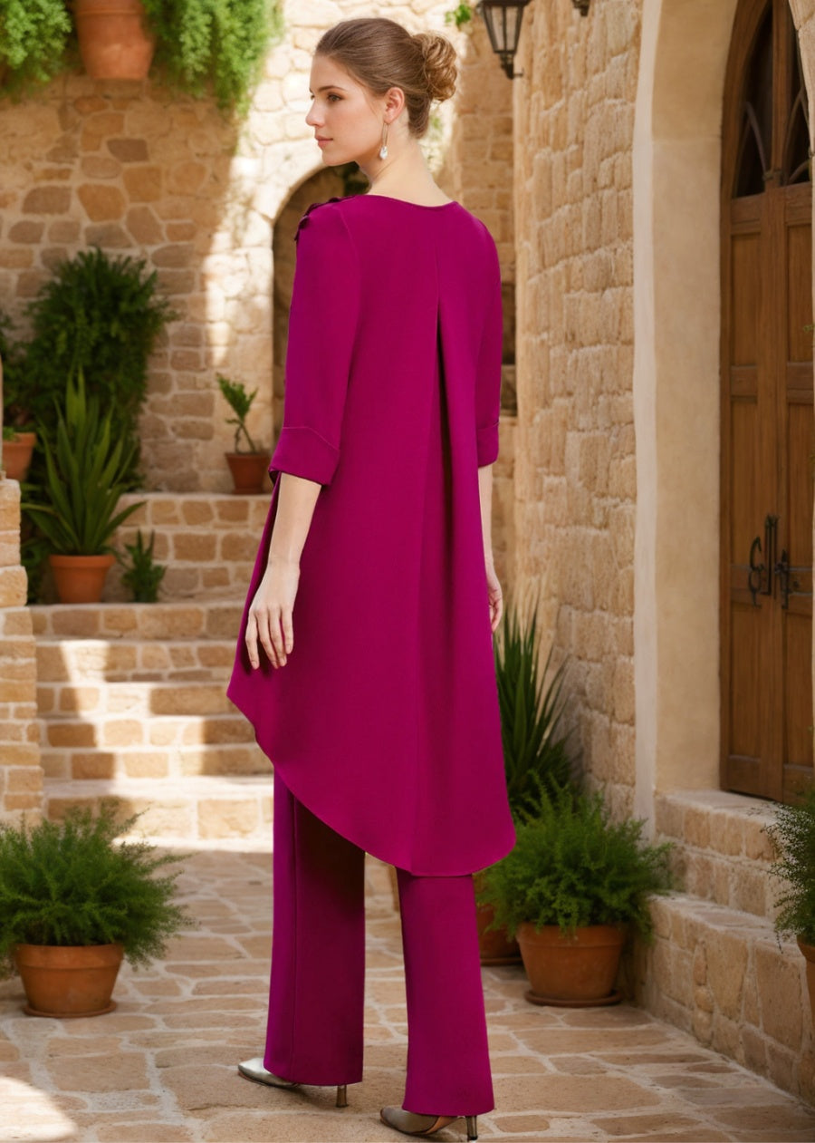 2 Pieces V-Neck 3/4 Sleeves Floor-Length Mother Of The Bride Pantsuits With Ruffles & Jewel Appliques BabaMila