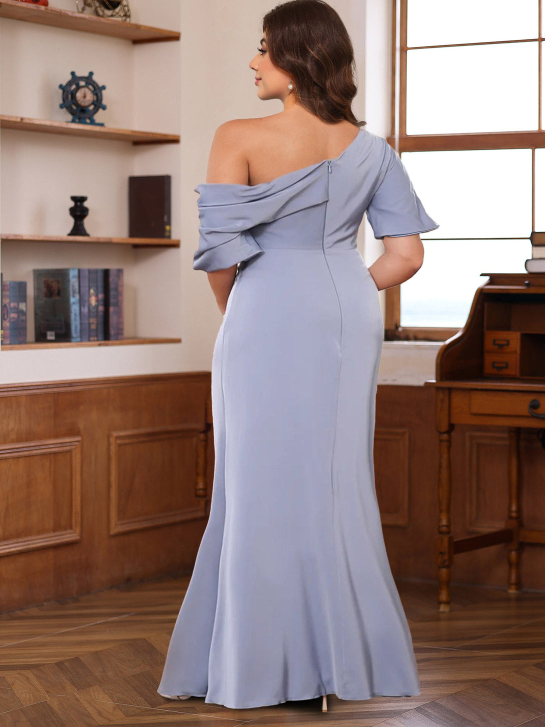 Sheath/Column One-Shoulder Half Sleeves Floor-Length Silk Satin Plus Size Mother Of The Bride Dresses With Ruffles BabaMila