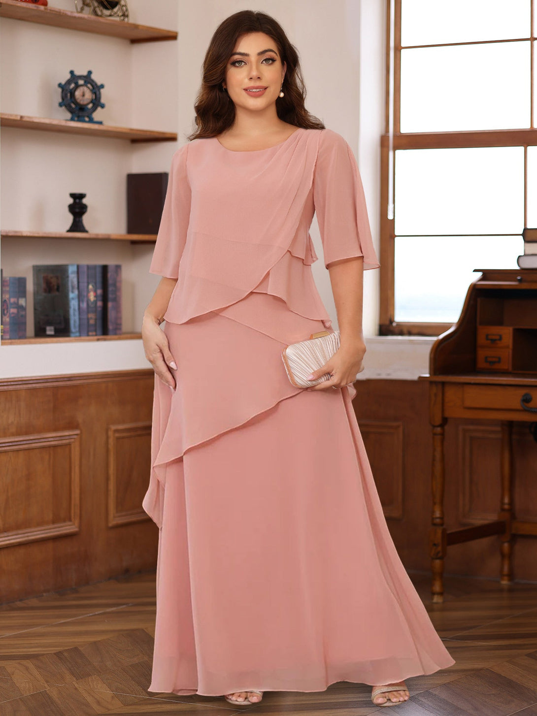 A-Line/Princess Scoop Neck Half Sleeves Floor-Length Plus Size Mother Of The Bride Dresses With Ruffles BabaMila