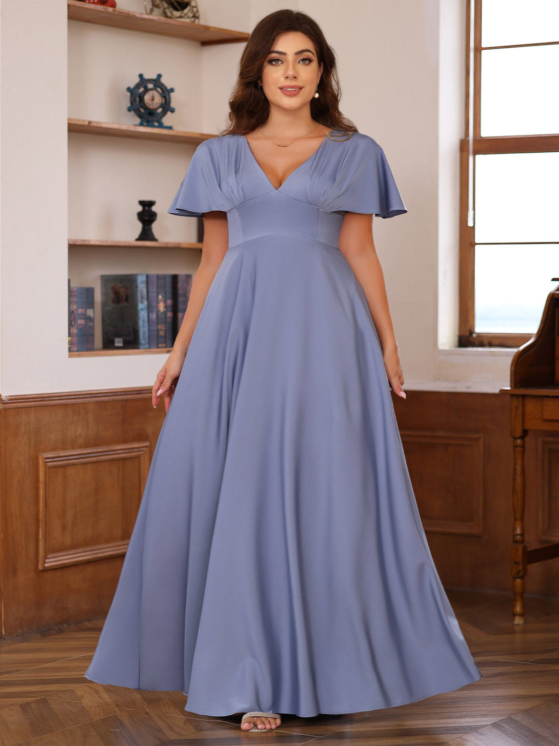 A-Line/Princess V-Neck Short Sleeves Floor-Length Plus Size Mother Of The Bride Long Dresses With Ruffles BabaMila