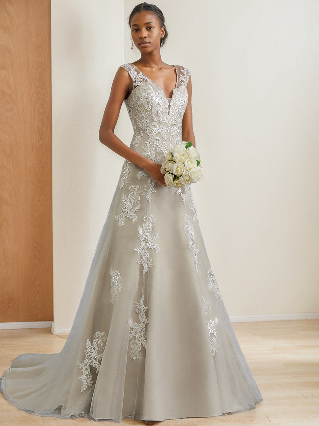 A-Line/Princess V-Neck Sleeveless Floor-Length Wedding Dress With Beading BabaMila