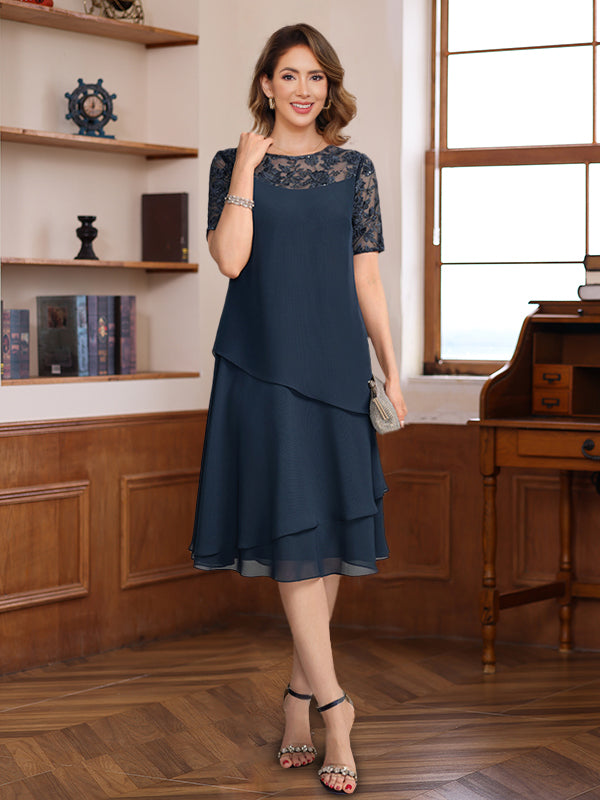 A-Line/Princess Jewel Neck Short Sleeves Knee-Length Mother Of The Bride & Groom Dresses With Ruffles & Lace Appliques & Sequins BabaMila