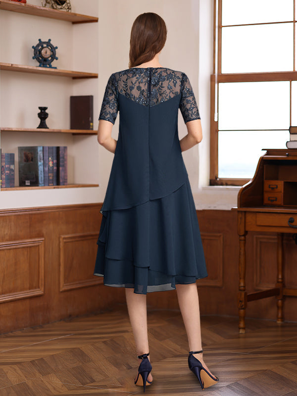 A-Line/Princess Jewel Neck Short Sleeves Knee-Length Mother Of The Bride & Groom Dresses With Ruffles & Lace Appliques & Sequins BabaMila