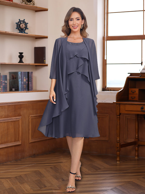 A-Line/Princess Scoop Knee-Length Mother Of The Bride & Groom Dresses With Jacket & Beads & Ruffles BabaMila