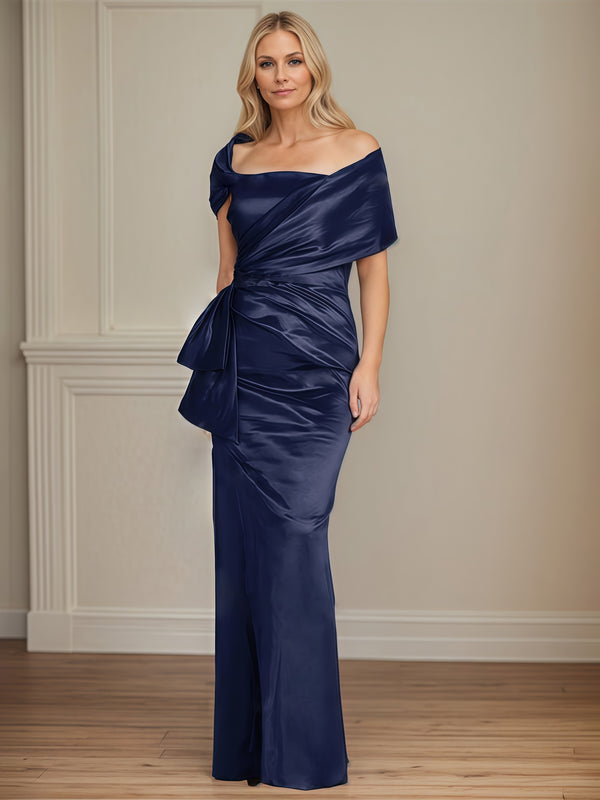 Asymmetrical Mermaid Off-the-shoulder Floor-Length Satin Mother of the Bride Dress With Pleated BabaMila