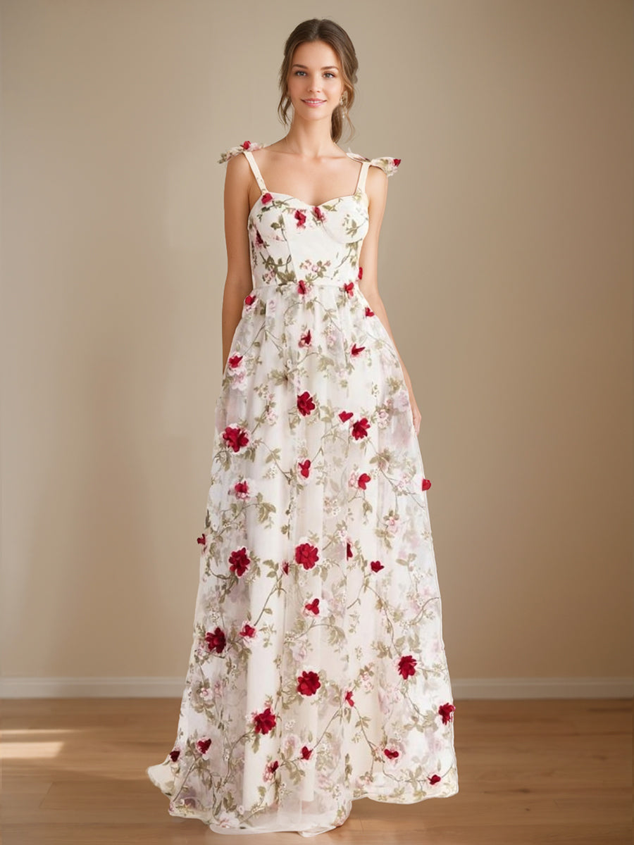 A-Line/Princess Sweetheart Neck Spaghetti Straps Floor-Length Floral Prom Dresses with 3D Flower BabaMila