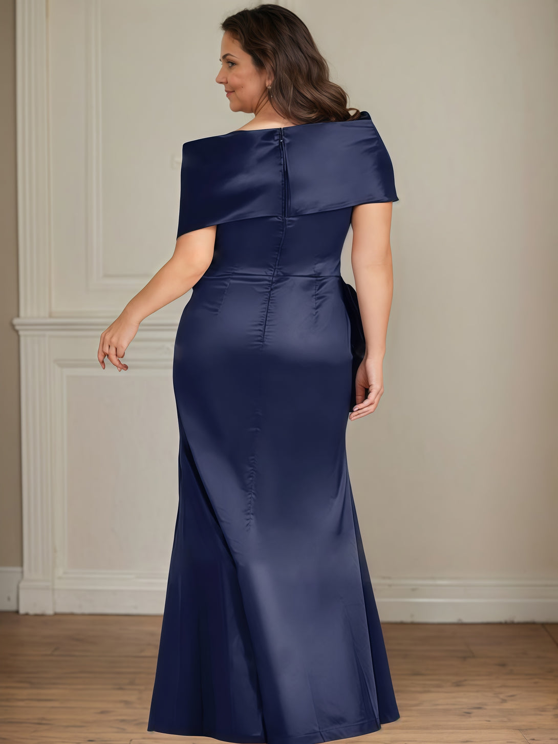 Asymmetrical Mermaid Off-the-shoulder Floor-Length Satin Mother of the Bride Dress With Pleated BabaMila