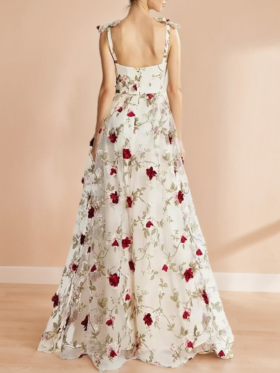 A-Line/Princess Sweetheart Neck Spaghetti Straps Floor-Length Floral Prom Dresses with 3D Flower BabaMila