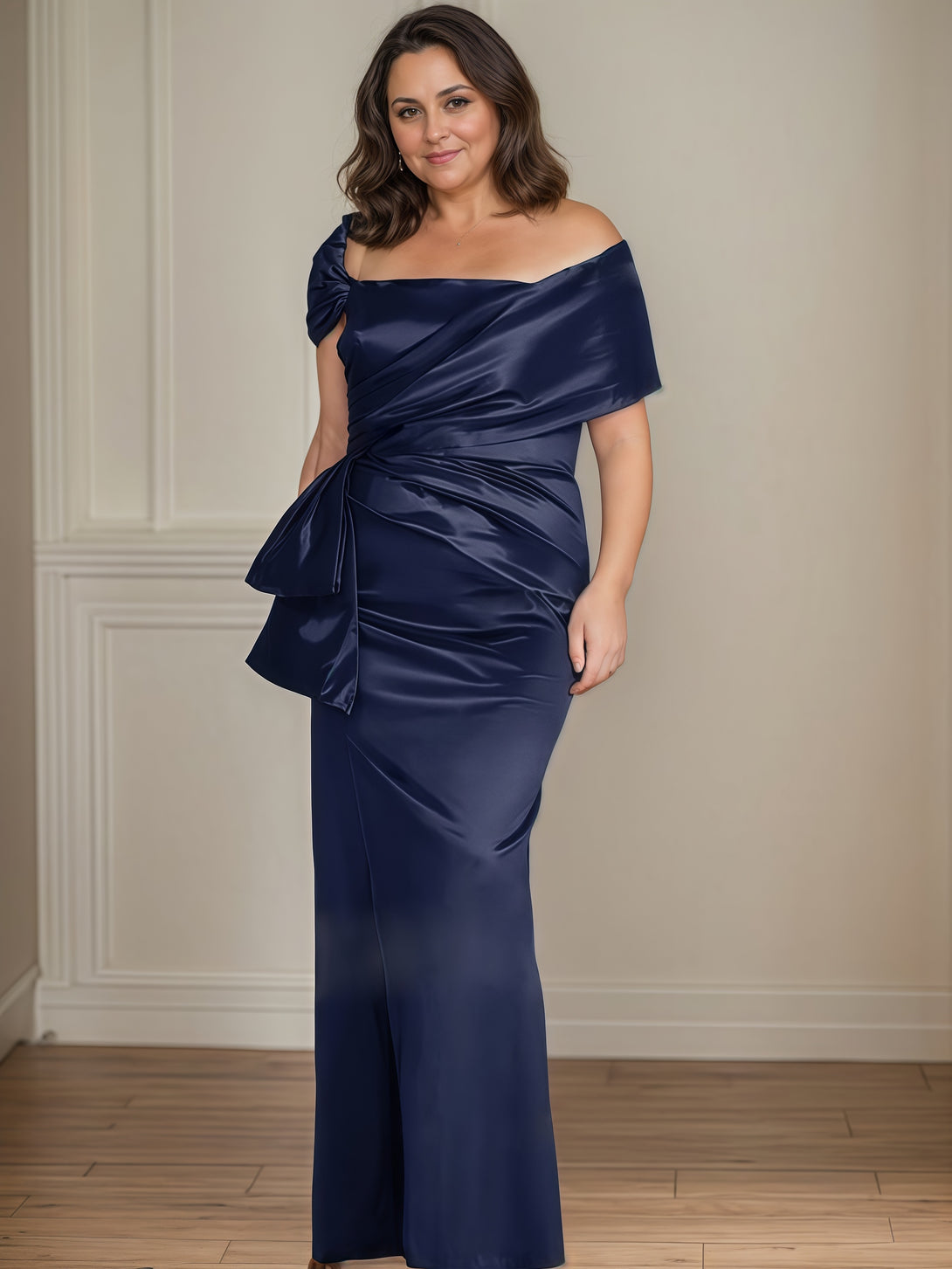 Asymmetrical Mermaid Off-the-shoulder Floor-Length Satin Mother of the Bride Dress With Pleated BabaMila
