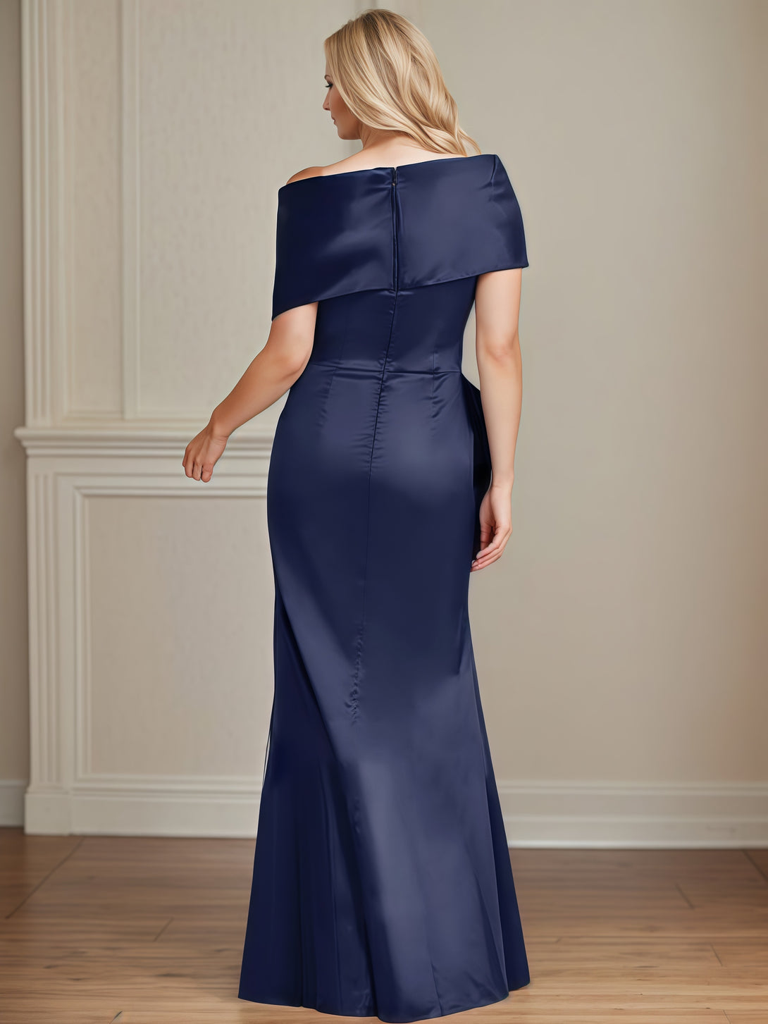 Asymmetrical Mermaid Off-the-shoulder Floor-Length Satin Mother of the Bride Dress With Pleated BabaMila