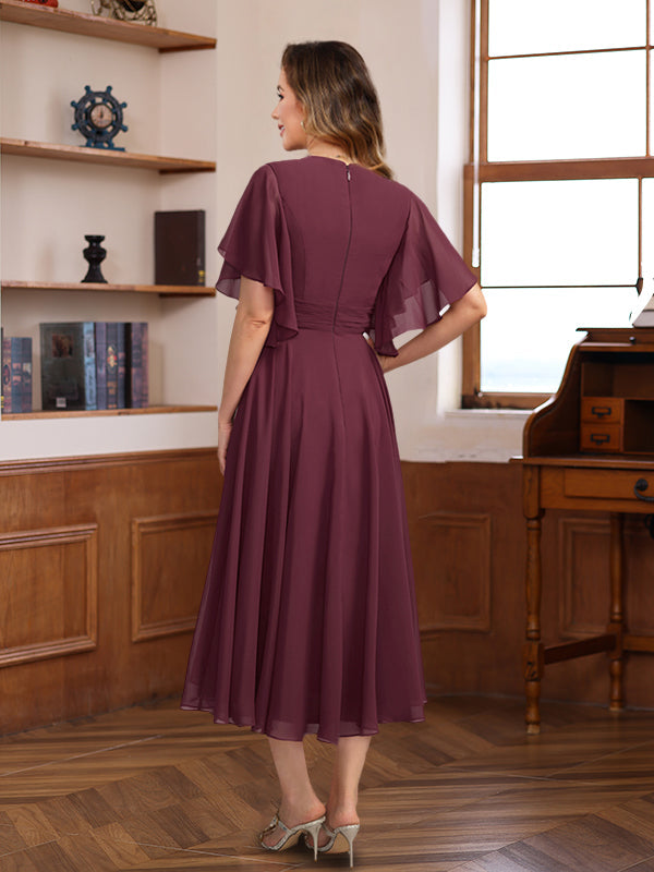 A-Line/Princess V-Neck Ruched Tea-Length Pleated Mother Of The Bride & Groom Dresses With Jewel Appliques & Ruffles BabaMila