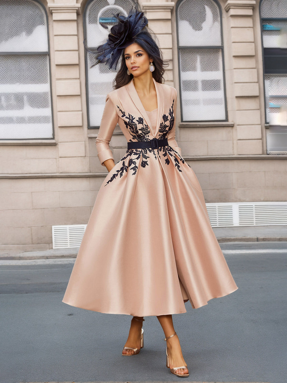 A-Line/Princess Plunge V-Neck 3/4 Sleeves Ankle-Length Pleated Mother Of The Bride Dresses With Appliques & Belt BabaMila