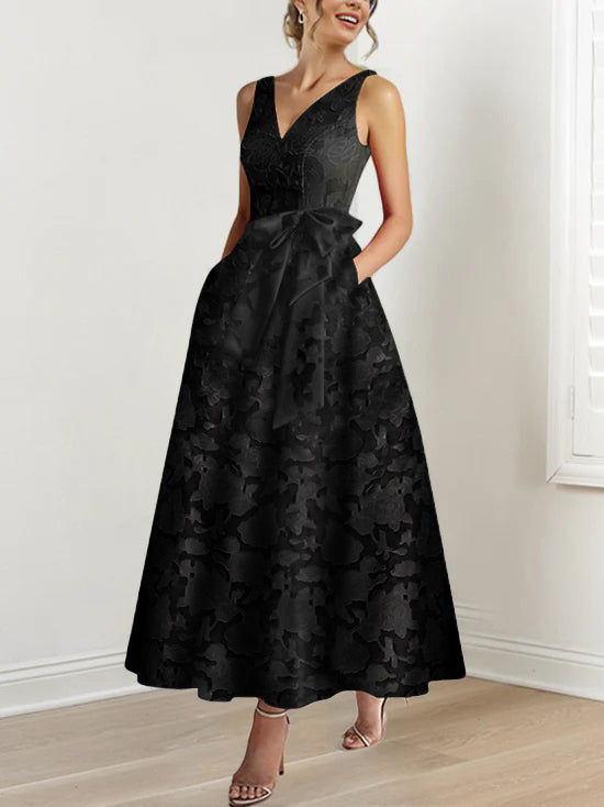 A-Line/Princess V-Neck Sleeveless Ankle-Length Rose Lace Applique Mother Of The Bride Dresses With Pockets & Ruffles BabaMila