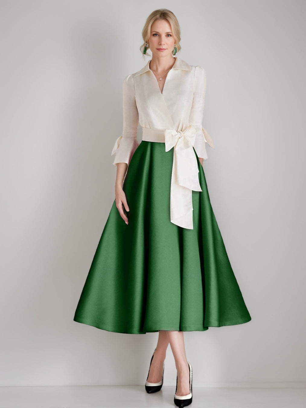 A-Line/Princess Shirt Collar 3/4 Sleeves Tea-Length Pleated Mother Of The Bride Dresses With Sash & Bows BabaMila