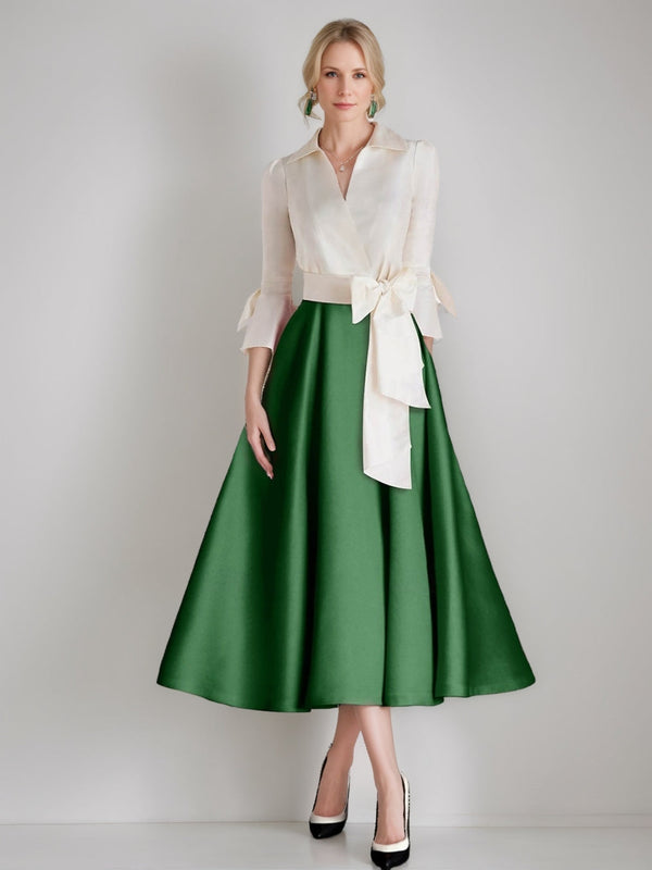 A-Line/Princess Shirt Collar 3/4 Sleeves Tea-Length Pleated Mother Of The Bride Dresses With Sash & Bows BabaMila