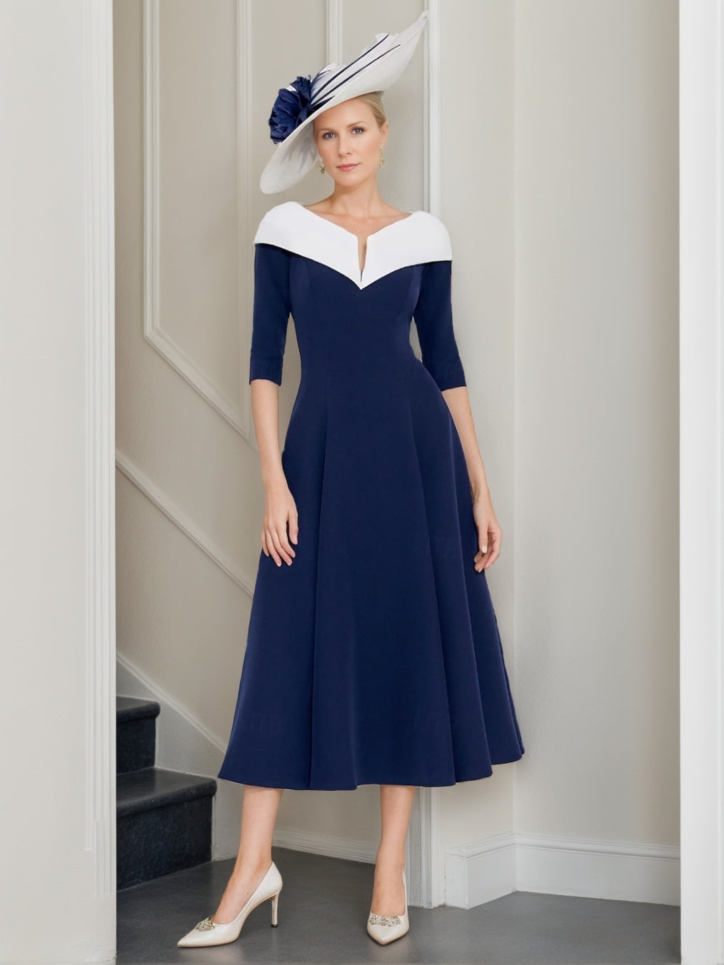 A-Line/Princess V-Neck Half Sleeves Tea-Length Mother Of The Bride Dresses With Pleats BabaMila
