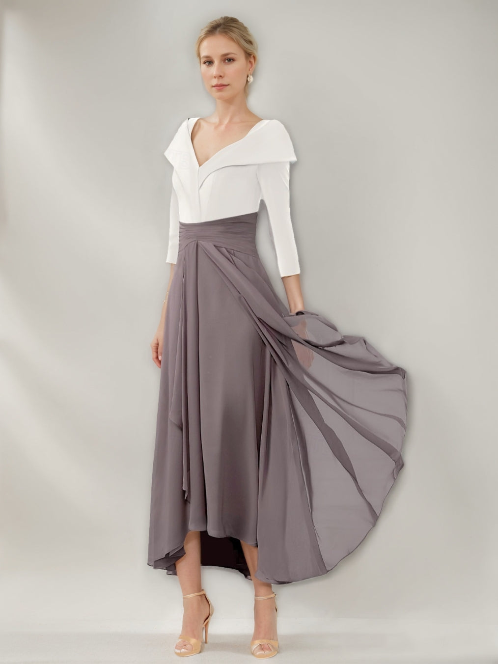 A-Line/Princess V-Neck 3/4 Sleeves Asymmetrical Pleated Mother Of The Bride Dresses With Ruffles BabaMila