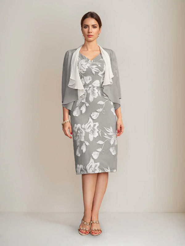 Sheath/Column V-Neck Half Sleeves Knee-Length Beading Mother Of The Bride Dresses With Floral Embroidery & Appliques BabaMila