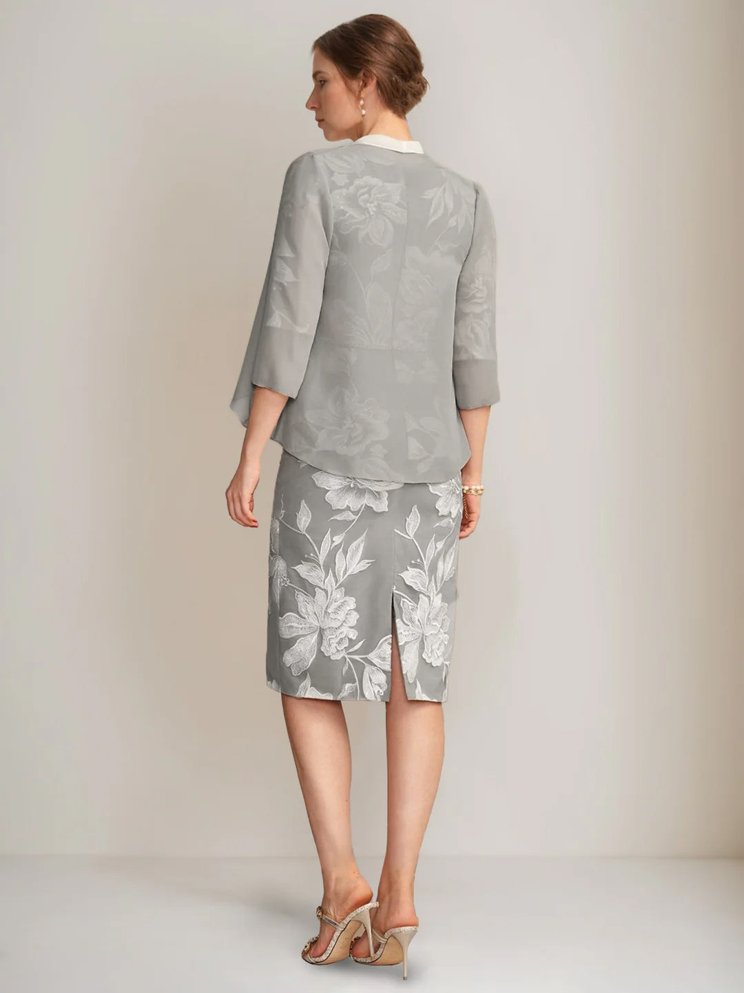 Sheath/Column V-Neck Half Sleeves Knee-Length Beading Mother Of The Bride Dresses With Floral Embroidery & Appliques BabaMila