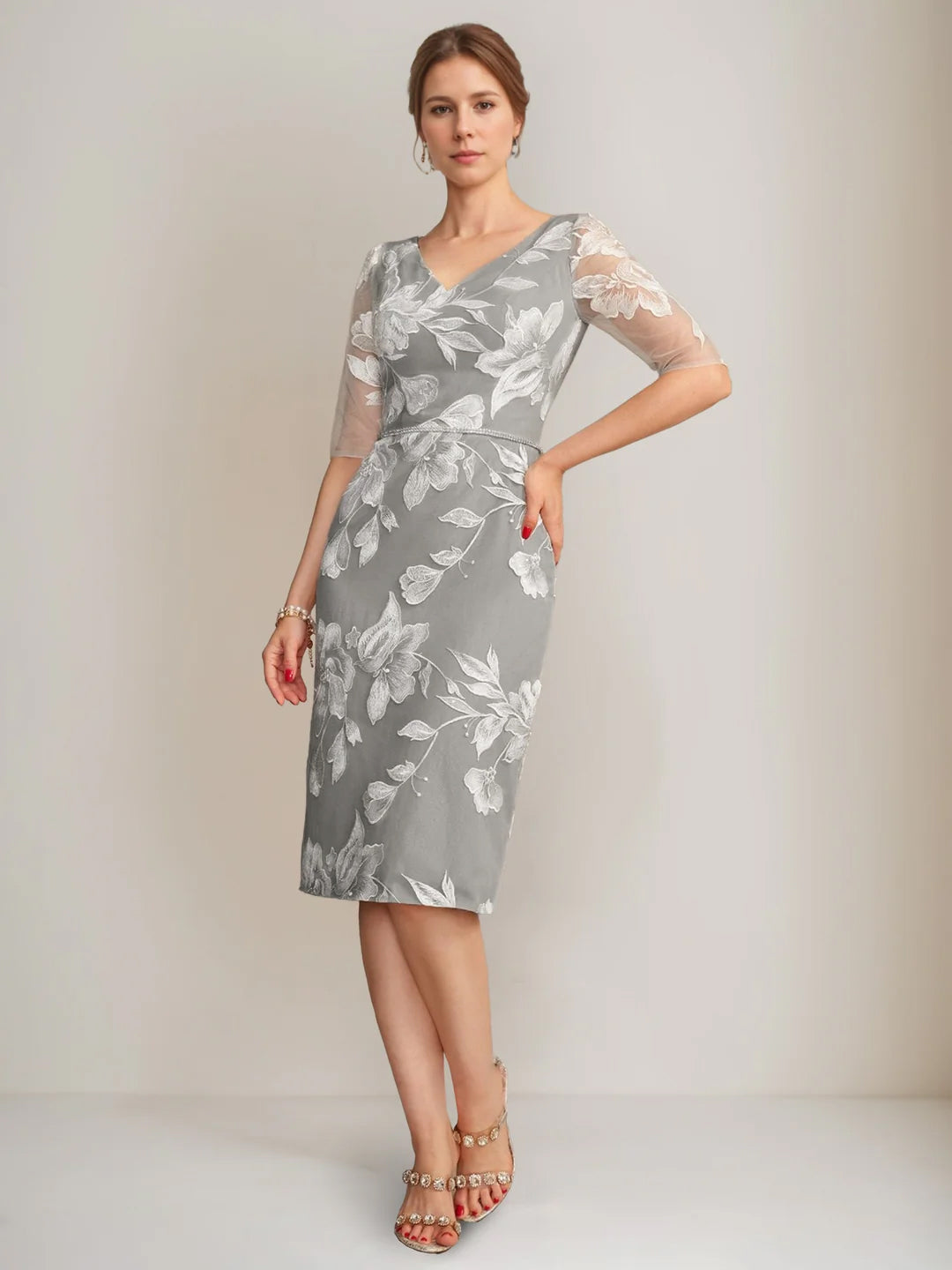 Sheath/Column V-Neck Half Sleeves Knee-Length Beading Mother Of The Bride Dresses With Floral Embroidery & Appliques BabaMila