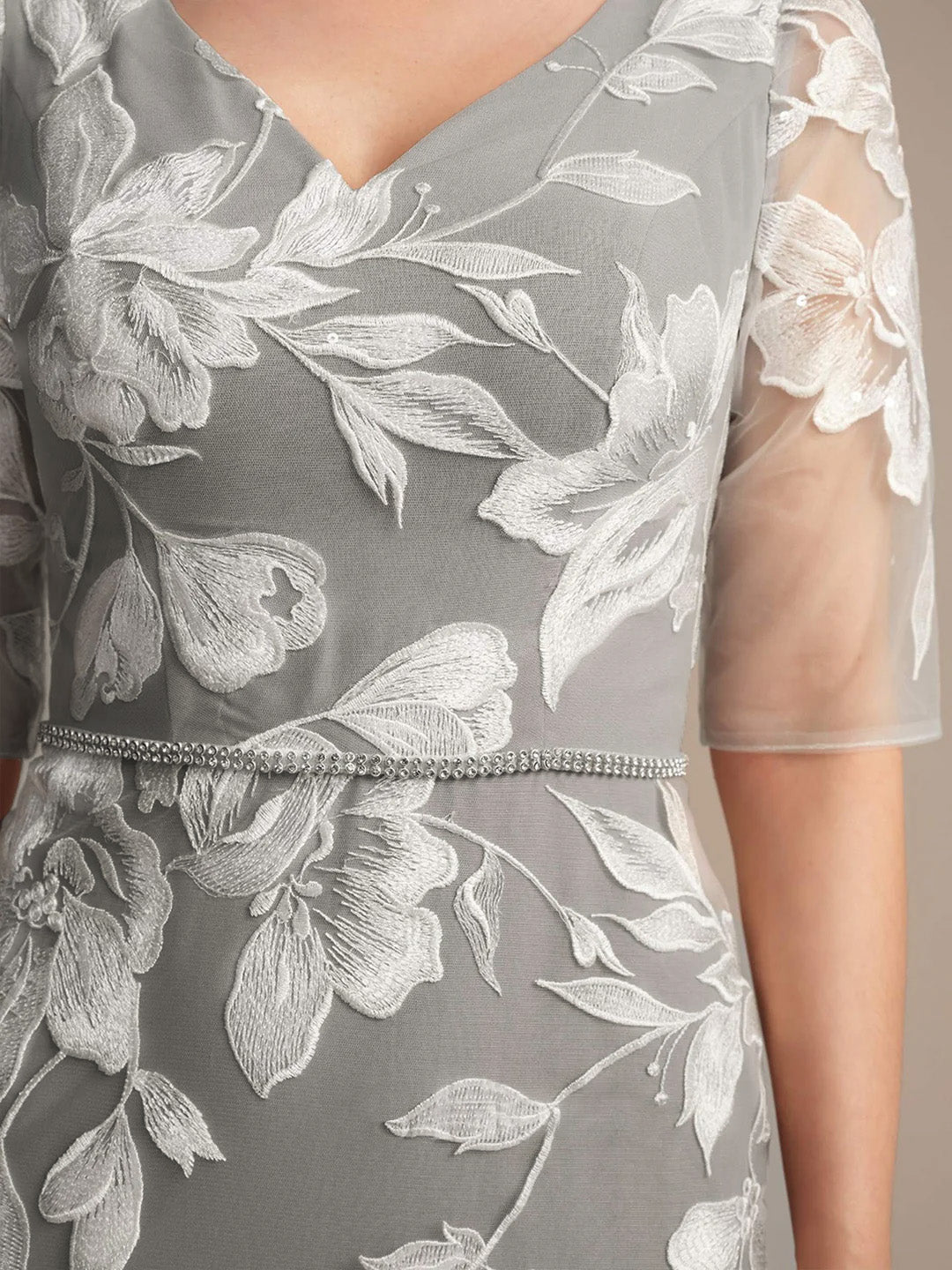 Sheath/Column V-Neck Half Sleeves Knee-Length Beading Mother Of The Bride Dresses With Floral Embroidery & Appliques BabaMila