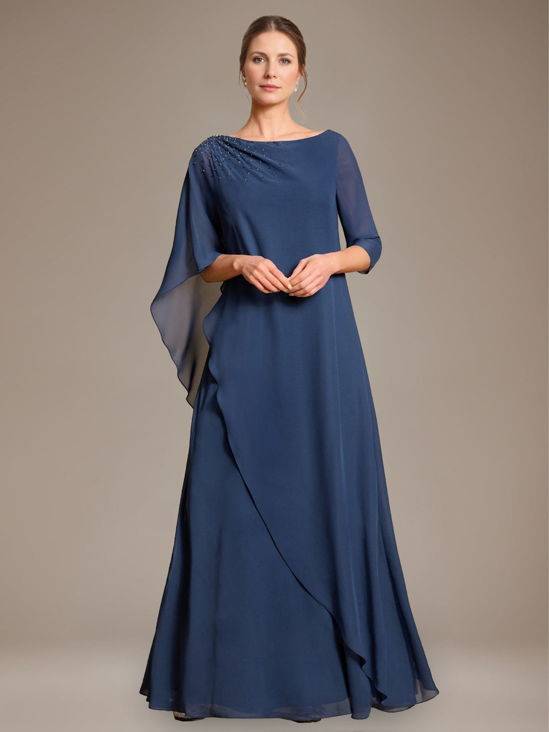 A-Line/Princess Scoop Cape Sleeves Floor-Length Pleated Mother Of The Bride Dress With Beads & Ruffles BabaMila