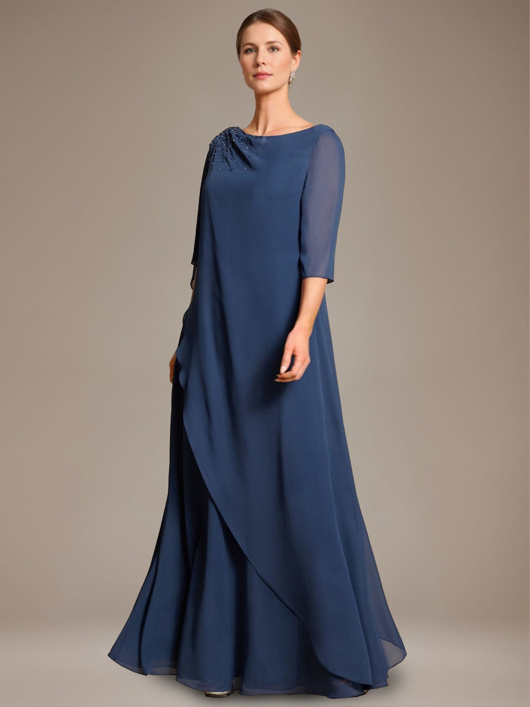 A-Line/Princess Scoop Cape Sleeves Floor-Length Pleated Mother Of The Bride Dress With Beads & Ruffles BabaMila