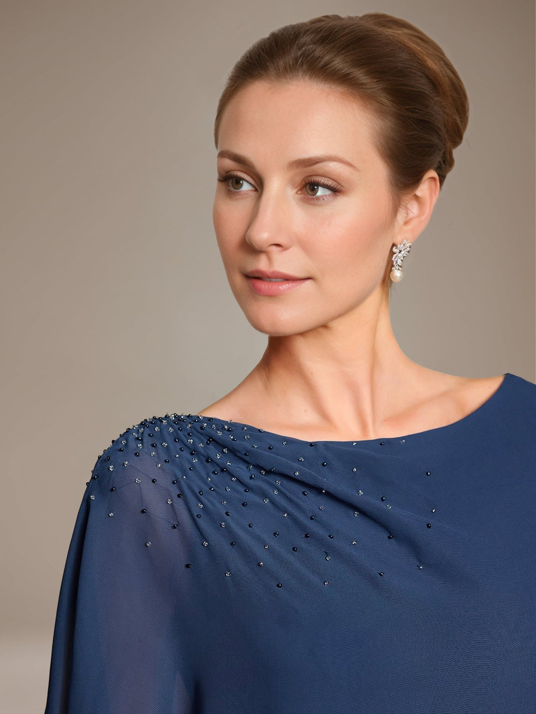 A-Line/Princess Scoop Cape Sleeves Floor-Length Pleated Mother Of The Bride Dress With Beads & Ruffles BabaMila