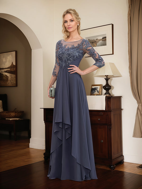 Illusion A-Line Scoop Neck 3/4 Sleeve Floor-Length Chiffon/Lace Mother of the Bride Dress With Cascading Ruffles/Appliques BabaMila