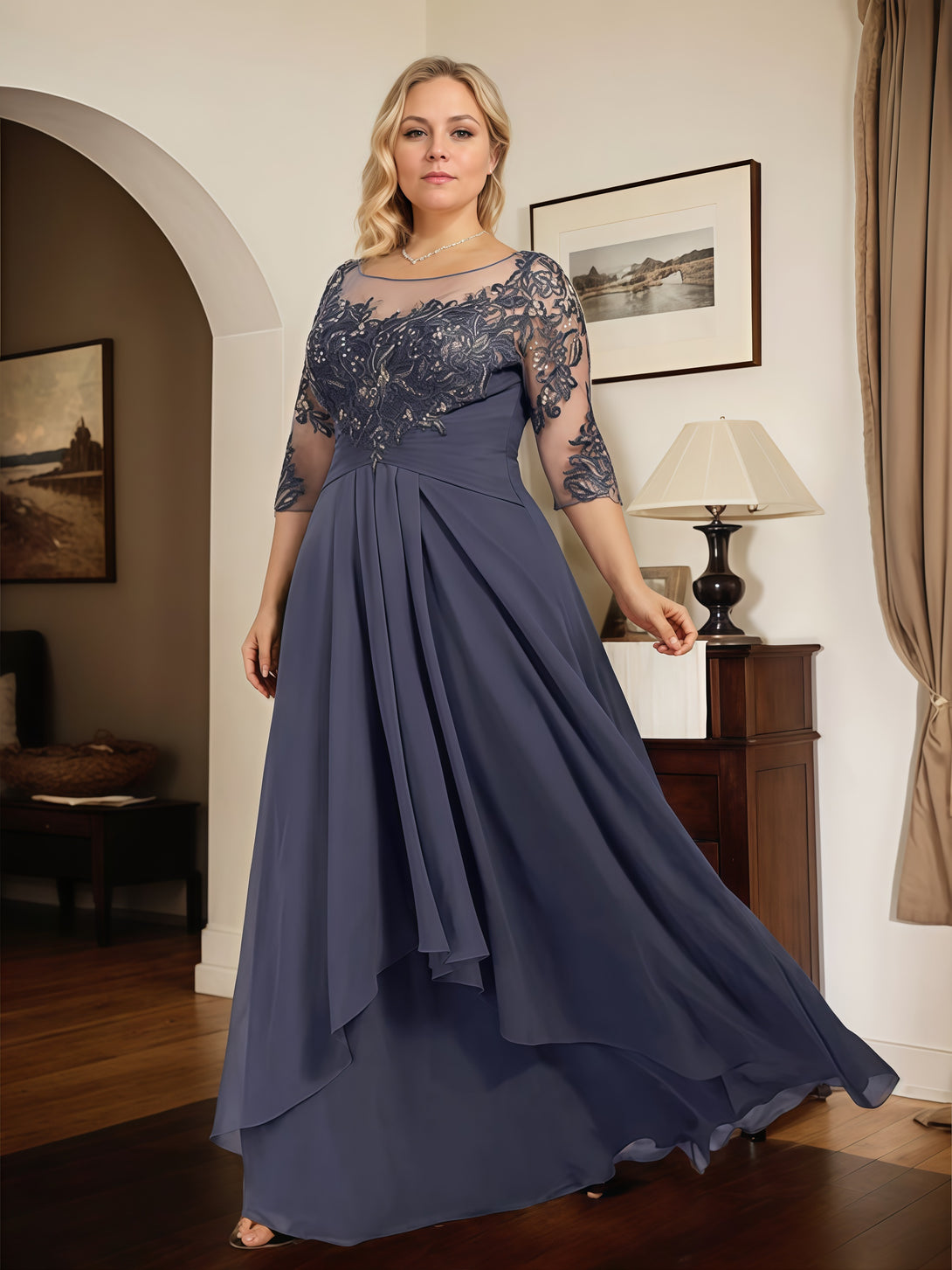 Illusion A-Line Scoop Neck 3/4 Sleeve Floor-Length Chiffon/Lace Mother of the Bride Dress With Cascading Ruffles/Appliques BabaMila