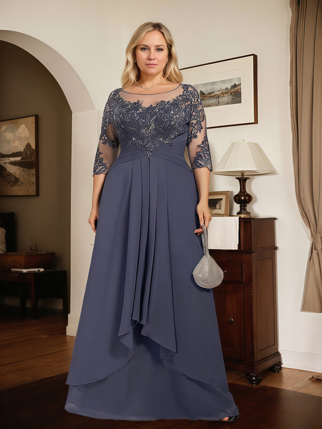 Illusion A-Line Scoop Neck 3/4 Sleeve Floor-Length Chiffon/Lace Mother of the Bride Dress With Cascading Ruffles/Appliques BabaMila