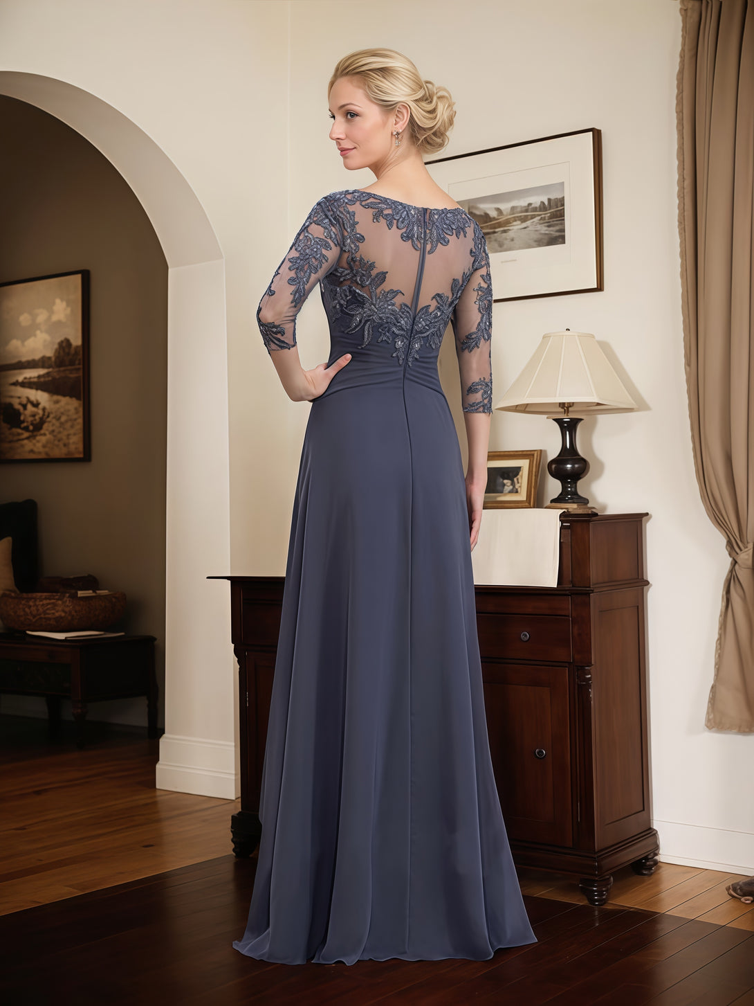 Illusion A-Line Scoop Neck 3/4 Sleeve Floor-Length Chiffon/Lace Mother of the Bride Dress With Cascading Ruffles/Appliques BabaMila