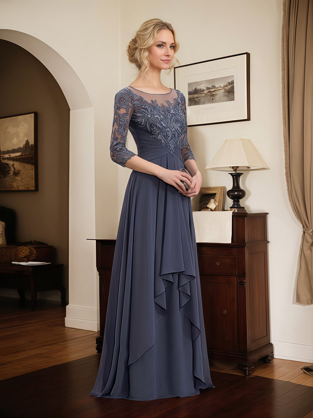 Illusion A-Line Scoop Neck 3/4 Sleeve Floor-Length Chiffon/Lace Mother of the Bride Dress With Cascading Ruffles/Appliques BabaMila