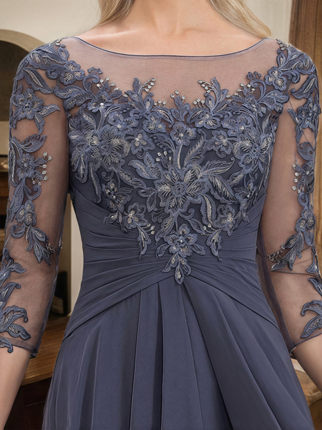 Illusion A-Line Scoop Neck 3/4 Sleeve Floor-Length Chiffon/Lace Mother of the Bride Dress With Cascading Ruffles/Appliques BabaMila